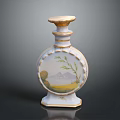 Ceramic Decorative Bottle With Painted Landscape Green Branch And Gold Accents
