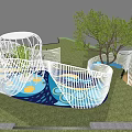 Children's Play Area With White Lattice Structures Trees Green Grass And Blue Play Surface
