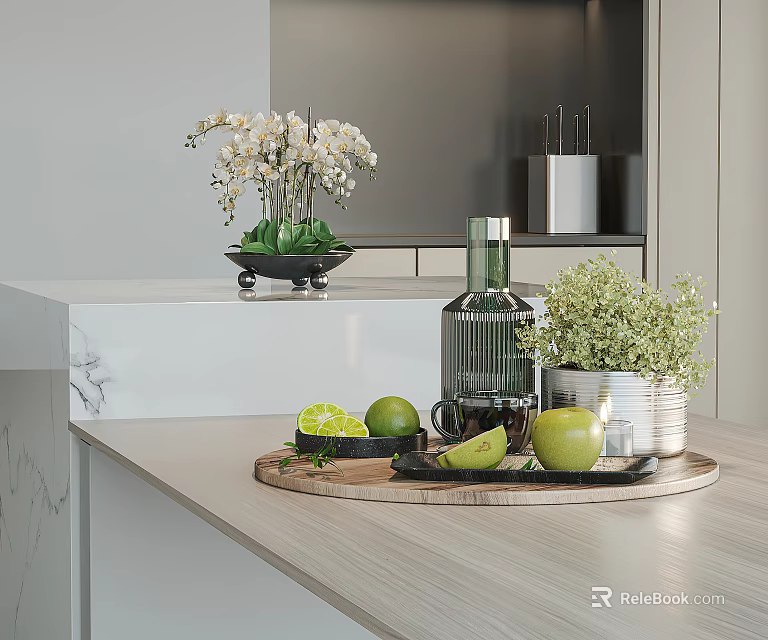 Modern Kitchen Decorative Ornaments with Wooden Tray Limes Apples Green Bottle Herb and White Flower 3d model 