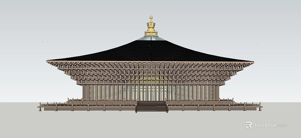Ancient Architecture with Traditional Wooden Structure and Golden Pagoda Roof 3d model 