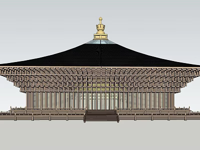 Ancient Architecture with Traditional Wooden Structure and Golden Pagoda Roof 3d model