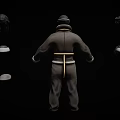 Dark Outfit With Yellow Vest And Multiple Hats On Black Background