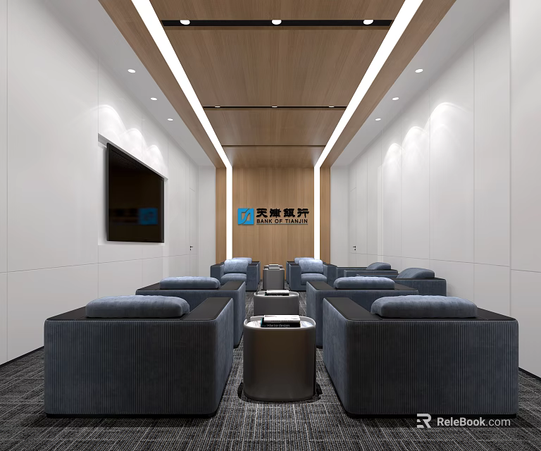 Modern Conference Room Interior With Gray Sofas Coffee Table And Wall TV 3d model