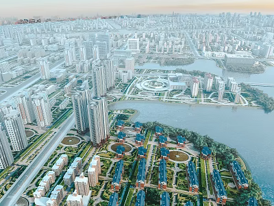 Aerial View Urban Planning With High Rise Buildings River And Residential Areas 3d model