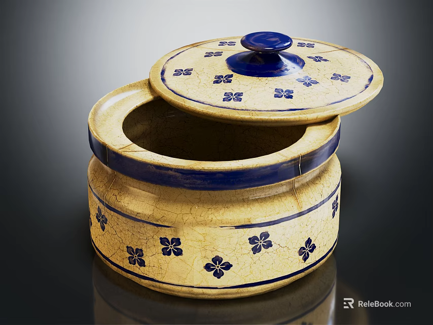 Yellow Ceramic Container With Blue Flower Patterns And Lid Handle For Household Use 3d model 