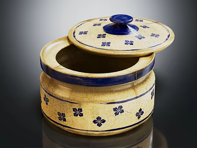 Yellow Ceramic Container With Blue Flower Patterns And Lid Handle For Household Use 3d model