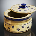 Yellow Ceramic Container With Blue Flower Patterns And Lid Handle For Household Use 3d model