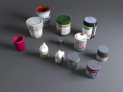 Various Containers Including Paint Cans Plastic Bottles And Jars On Gray Surface 3d model