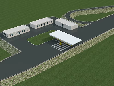 Modern White Building Complex With Covered Awning Green Lawn And Curved Driveway 3d model