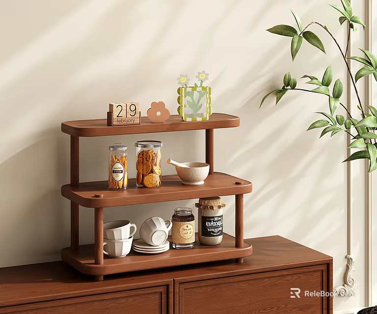 Three Tier Wooden Storage Shelf With Cups Plates Jars And Decorative Items 3d model 