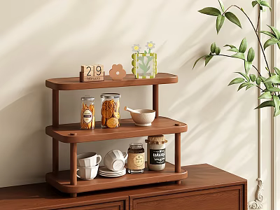 Three Tier Wooden Storage Shelf With Cups Plates Jars And Decorative Items 3d model