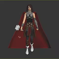 Mythical Female Warrior In Silver Armor With Red Cape Holding Hammer Standing Pose