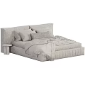Modern Pleated Linen Upholstered Double Bed With Cozy Bedding And Minimalist Wooden Round Side Table