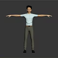 Man in white short shirt and khaki pants arms outstretched on gray background reflective floor