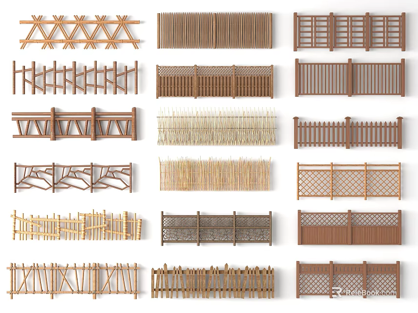 Various Types of Wooden and Bamboo Garden Fences with Different Designs and Patterns 3d model 