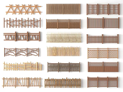 Various Types of Wooden and Bamboo Garden Fences with Different Designs and Patterns 3d model
