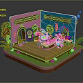 Cartoon Cafe Scene With Pink Blue Room Bunny Table Carrots And Green Plants