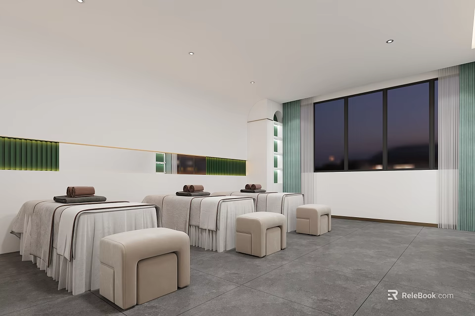 Modern SPA Room Interior With Massage Beds White Sheets Green Strips And Night View Windows 3d model 