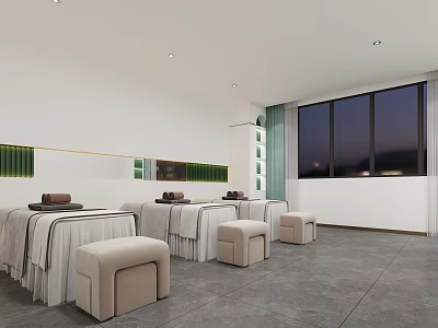 Modern SPA Room Interior With Massage Beds White Sheets Green Strips And Night View Windows 3d model