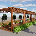 Serene Wooden Pergola With Lush Green Plants Paved Pathway People Relax Under Blue Sky