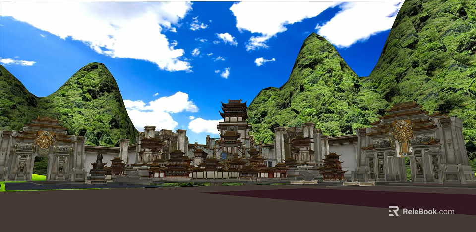 Chinese Ancient Architectural Complex Set Against Green Mountains And Blue Sky 3d model 