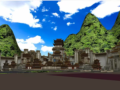 Chinese Ancient Architectural Complex Set Against Green Mountains And Blue Sky 3d model