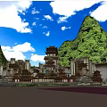 Chinese Ancient Architectural Complex Set Against Green Mountains And Blue Sky