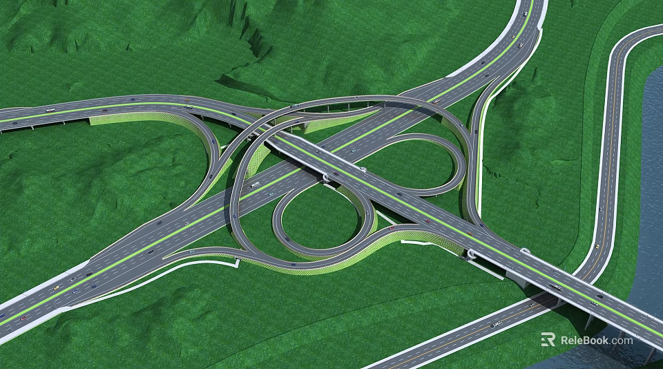 Modern Interchange Bridge With Circular Ramps And Multiple Lanes In Green Hills 3d model 