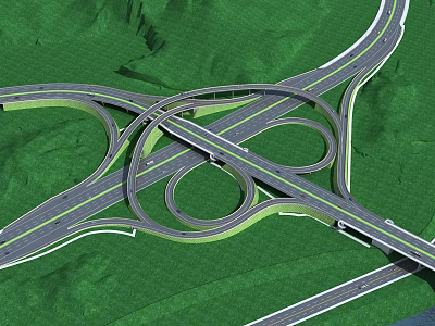 Modern Interchange Bridge With Circular Ramps And Multiple Lanes In Green Hills 3d model