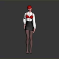 Red Haired Character Wearing White Shirt Black Skirt Black Stockings And Sandals On Gray Background