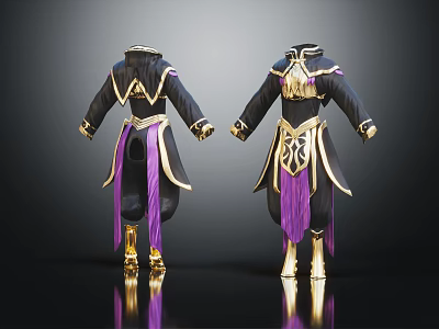 Elegant Black And Purple Robe With Golden Accents And Cape Design 3d model