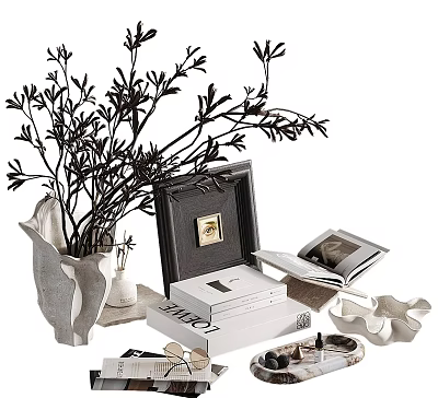 Stylish Decorative Ornament Set With Vase Branches Photo Frame And Books 3d model