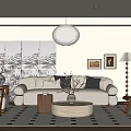 Neutral Tones Living Room Interior With Beige Sofa Round Pendant Light Decorative Paintings And Patterned Rug