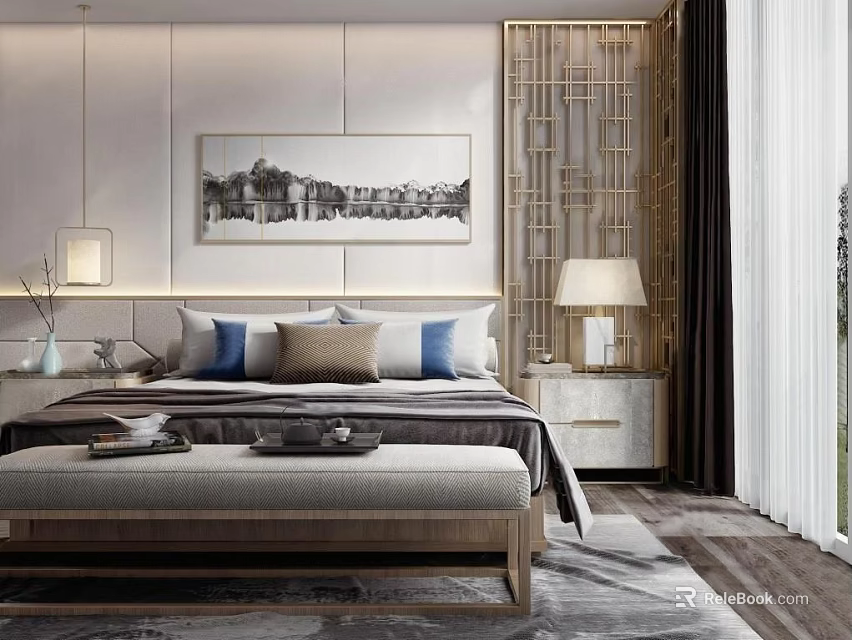 Elegant Modern Bedroom Interior With Double Bed Decorative Painting Nightstand Table Lamp And Bench 3d model 