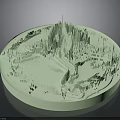 Light Green 3D Miniature City Landscape With Castle Mountains And Roads On Circular Base