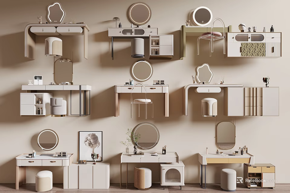 Various Modern Vanity Table Designs With Mirrors Drawers And Stools 3d model 