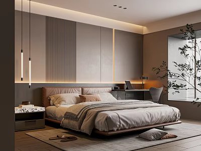 Modern Bedroom Interior With Striped Panel Wall Warm Lighting Cozy Bedding And Desk Plants 3d model