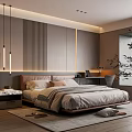 Modern Bedroom Interior With Striped Panel Wall Warm Lighting Cozy Bedding And Desk Plants