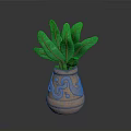 Ornate Clay Pot With Green Long Leaves And Intricate Carved Patterns