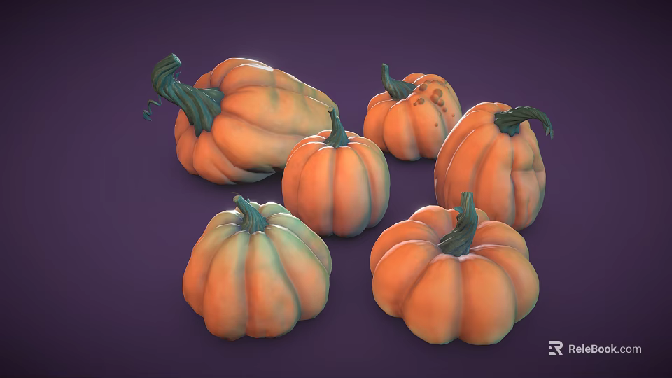 Fresh Ripe Orange Pumpkins With Green Stems Arranged On Purple Background 3d model 