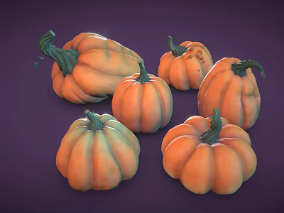 Fresh Ripe Orange Pumpkins With Green Stems Arranged On Purple Background 3d model