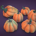 Fresh Ripe Orange Pumpkins With Green Stems Arranged On Purple Background