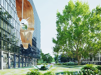 Modern Office Building with Glass Curtain Wall Green Trees Lush Lawn and Fresh Green Plants 3d model