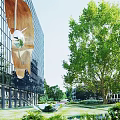 Modern Office Building with Glass Curtain Wall Green Trees Lush Lawn and Fresh Green Plants