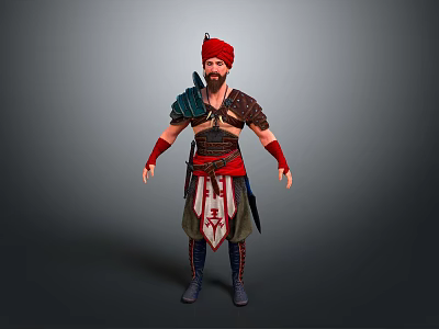 A Bearded Man In Red Turban With Ornate Armor Patterned Robe Arm Guards And Boots 3d model