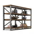 Industrial Style Metal Frame Wooden Shelf with Vases Bowls Books and Decorative Item Collection