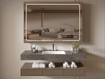 Modern Bathroom Cabinet Design With Lighted Mirror Sink Drawers Towels And Toiletries 3d model