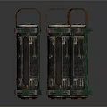 Three Vintage Green Metal Lanterns With Blue Glowing Tubes In Industrial Style