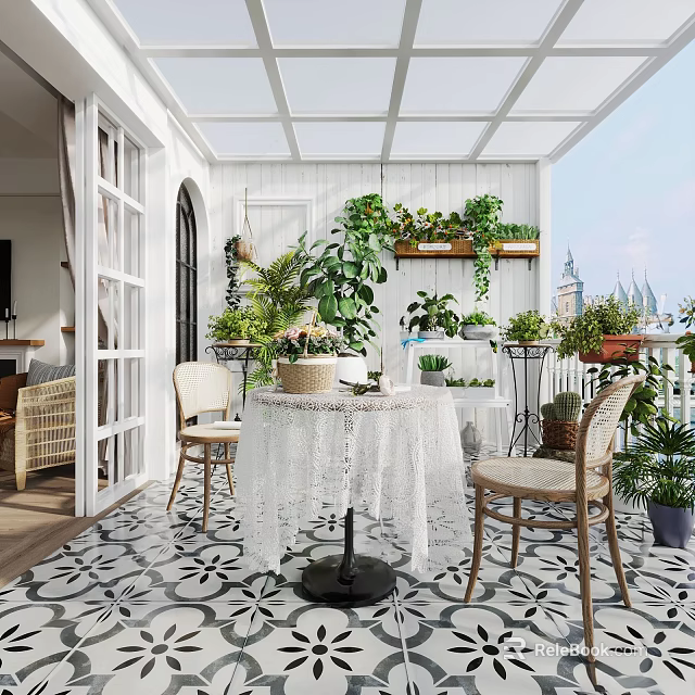Cozy Villa Balcony With White Walls Hanging Plants Table Chairs And Lace Tablecloth 3d model 