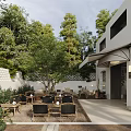 Garden Landscape Design Featuring Outdoor Courtyard Green Trees Wooden Tables Chairs White Walls and Awning